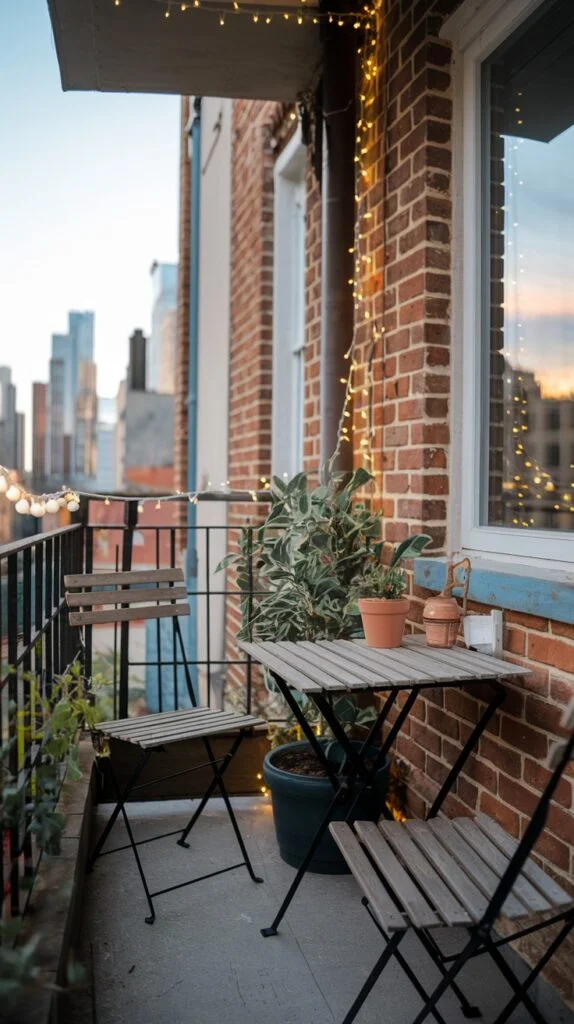 An illuminated tiny apartment balcony with cozy string lights draped along the railing and a brick wall. It features a small wooden table and two coordinating chairs, with a potted plant on the table.