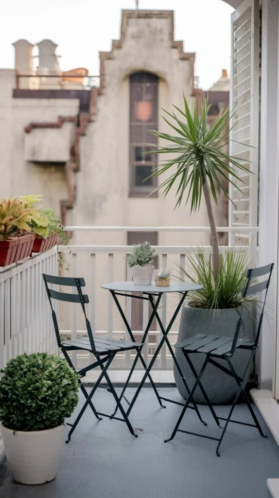 A bright tiny apartment balcony with a white railing and a tall, slender plant in a large grey pot as a focal point. It includes a round table and two dark green chairs, with a small topiary plant.