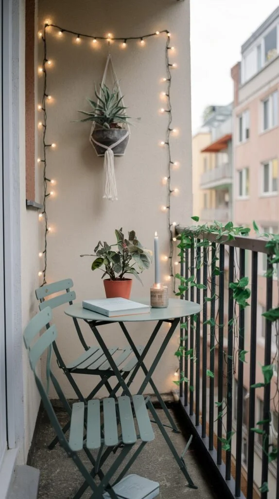 An enchanting tiny apartment balcony lit by delicate fairy lights and adorned with trailing ivy on the railing. A small table holds a potted plant and a lit candle, flanked by two green chairs, and a hanging plant.