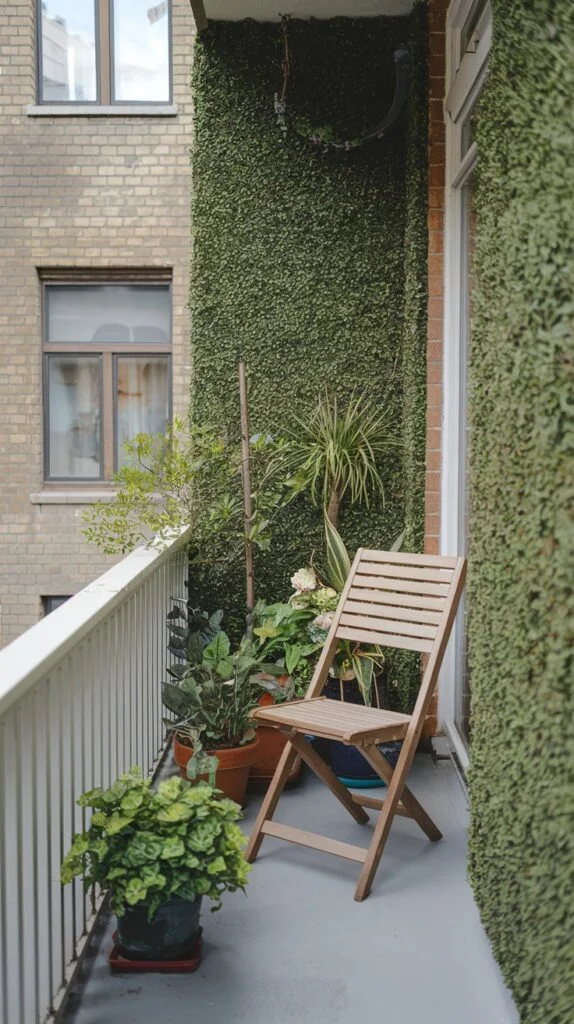 A green wall tiny apartment balcony sanctuary where walls are covered with lush artificial green wall panels. It is filled with various potted plants on the floor and railing, and features a single wooden folding chair for relaxation.