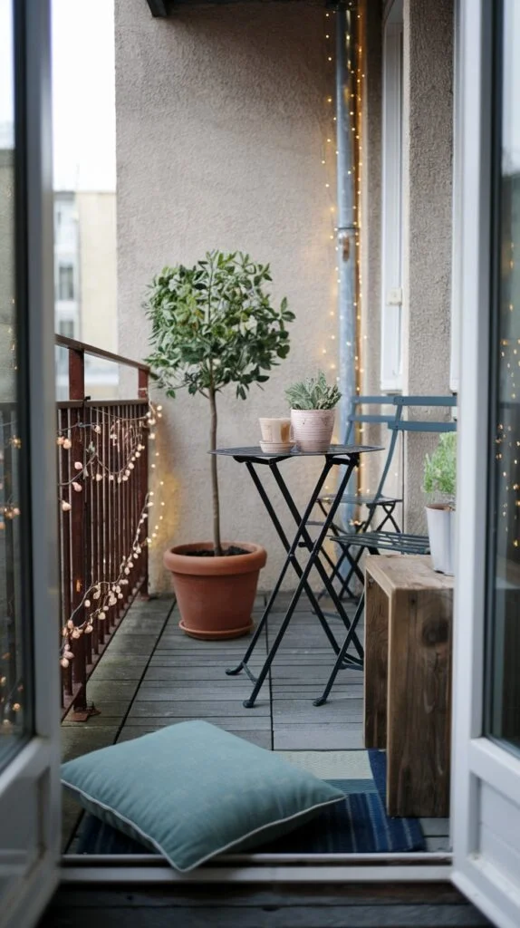 A twinkling tiny apartment balcony illuminated by string lights along the railing. It features a small tree in a terracotta pot, a table and two chairs, and a comfortable blue floor cushion for lounging on the wooden deck.