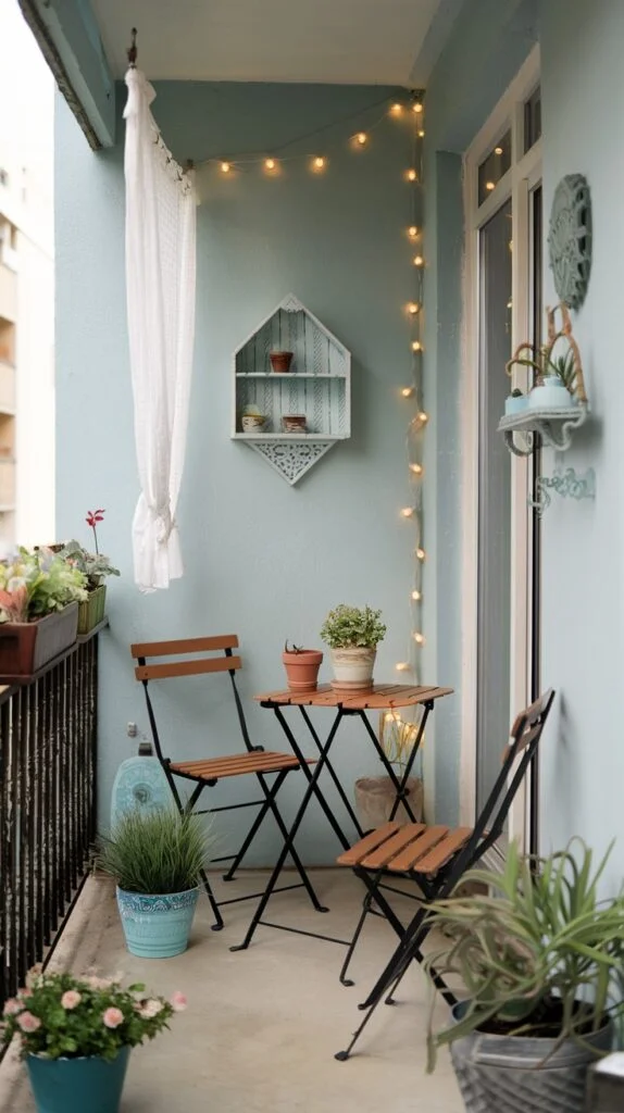 A soft blue tiny apartment balcony with light blue painted walls and string lights. A white sheer curtain adds privacy, and decorative wall shelves display small items, with a wooden table and two chairs and various plants.