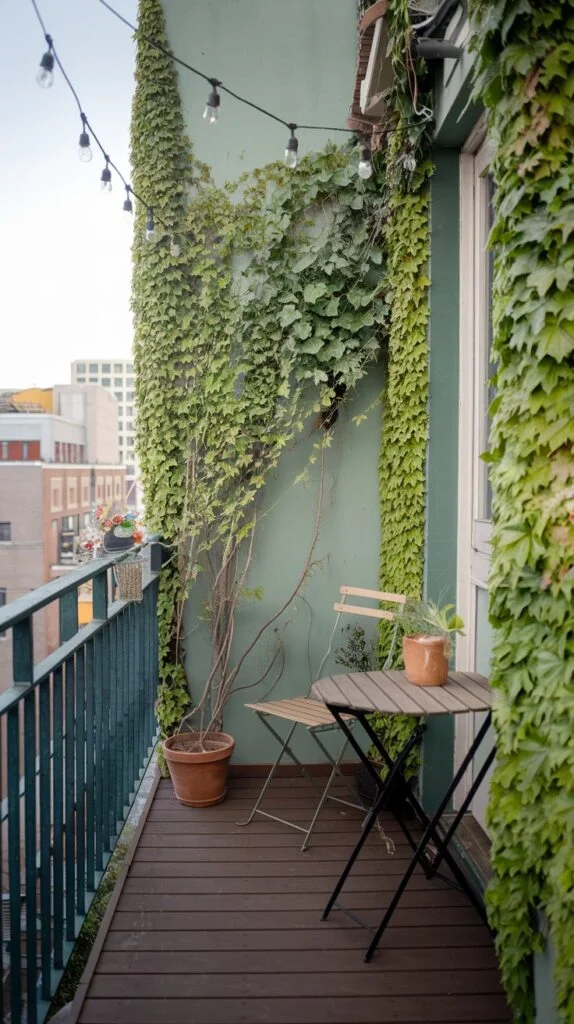 A verdant tiny apartment balcony where trailing ivy covers the walls, with overhead string lights providing illumination. A small wooden table and a single chair create a quiet spot amidst the greenery.