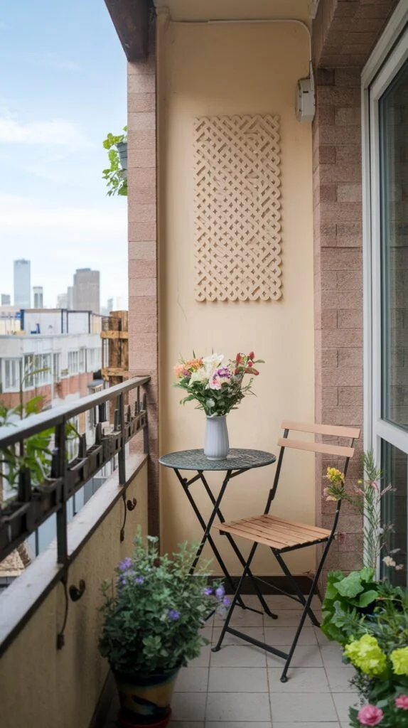 An artistic tiny apartment balcony featuring a decorative wooden wall panel as a focal point. A vase of fresh flowers sits on a small table next to a wooden chair, surrounded by potted plants.