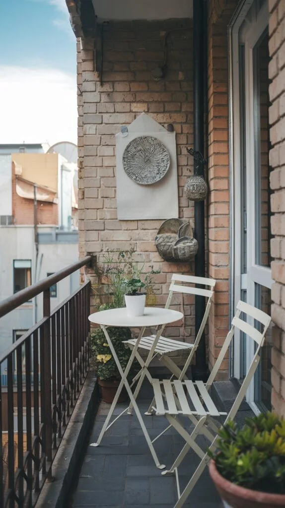 A rustic tiny apartment balcony highlighting a textured brick wall adorned with circular decorative hangings. It is furnished with a white round folding table and two matching white chairs, with potted plants completing the scene.