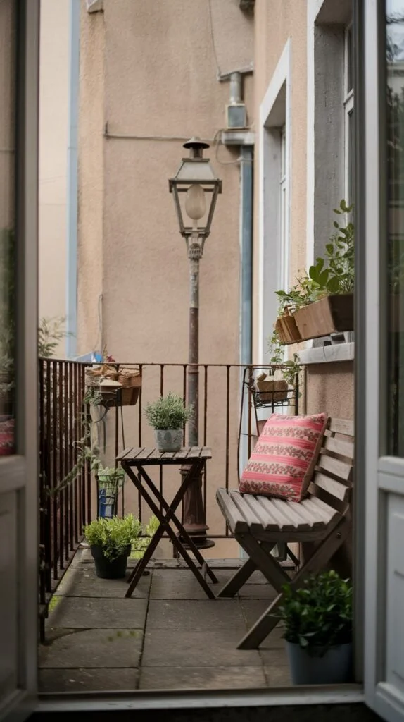 A quaint tiny apartment balcony designed with a wooden bench and a small wooden table. A colorful decorative pillow adds comfort to the bench, with a street lamp visible in the background and various potted plants.