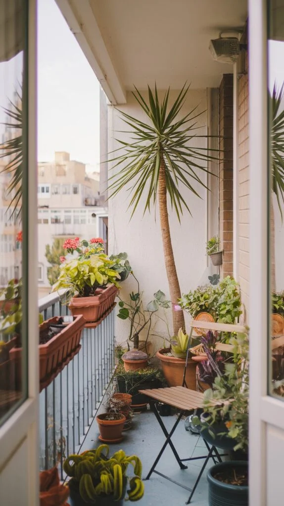 An overflowing tiny apartment balcony garden with potted plants covering every available surface, centered around a tall yucca plant. A single wooden folding chair provides a secluded spot amidst the abundant greenery.