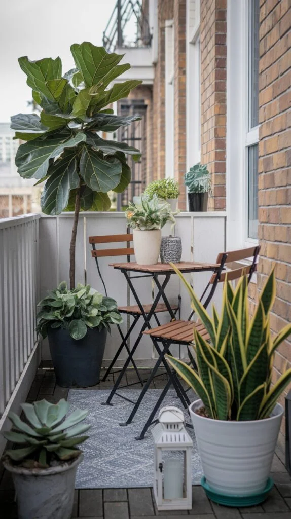A lush tiny apartment balcony featuring a large fiddle leaf fig tree and a patterned outdoor rug. It is furnished with a wooden table and two chairs, surrounded by various potted plants including succulents, and a white railing.