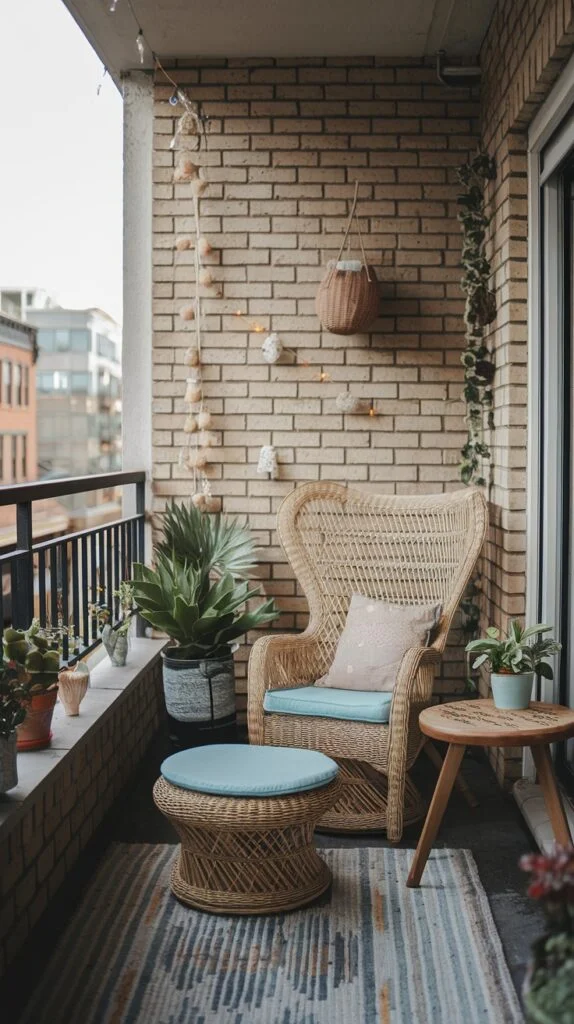 A bohemian tiny apartment balcony lounge with a large wicker armchair and a matching round wicker ottoman. A striped patterned rug defines the area, with hanging decorative elements on the brick wall and various potted plants.