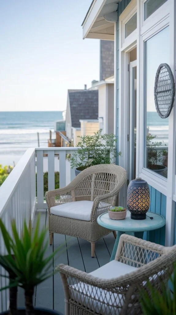 A coastal tiny apartment balcony retreat with a stunning ocean view. It features comfortable wicker chairs with cushions, a small blue table, and a decorative lantern, with a white railing.