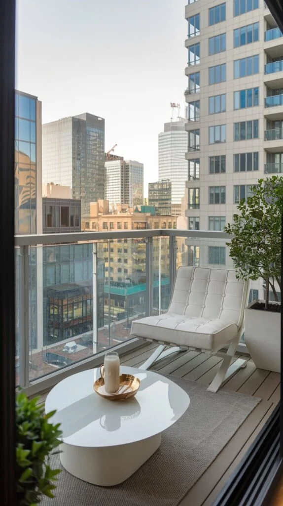 A modern city tiny apartment balcony with sleek white furniture, including a lounge chair and an oval table. The glass railing offers an unobstructed city skyline view, with a potted tree in the corner.