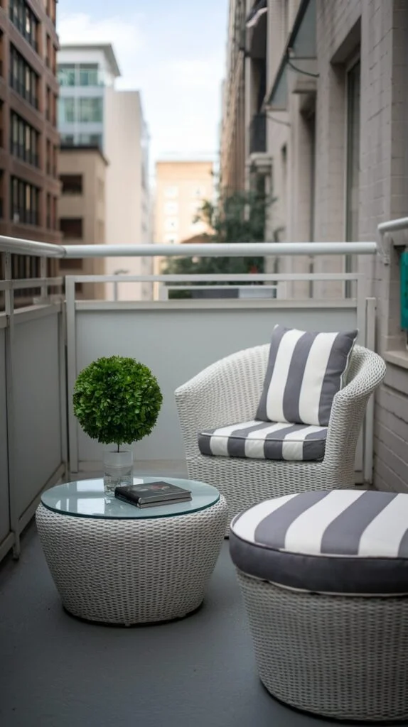 An elegant tiny apartment balcony furnished with a white wicker seating set, including a chair with striped cushions and a matching ottoman. A glass-top table holds a small topiary plant, creating a refined outdoor space.