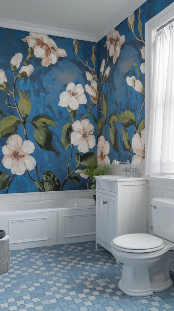 Bathroom with vibrant blue wallpaper featuring cascading white and light pink blossoms and green leaves above a white bathtub.