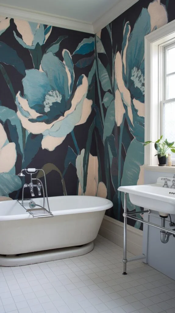 Bathroom with dark wallpaper featuring large, painterly teal and light pink abstract flowers behind a white freestanding bathtub.