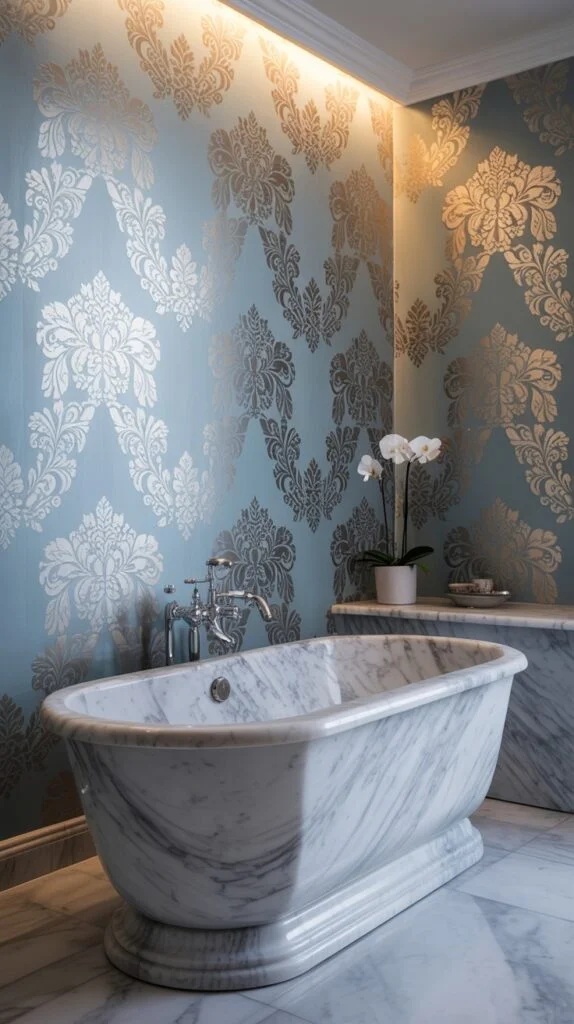 Bathroom with powder blue wallpaper featuring gold and silver metallic damask pattern around a white marble freestanding bathtub.