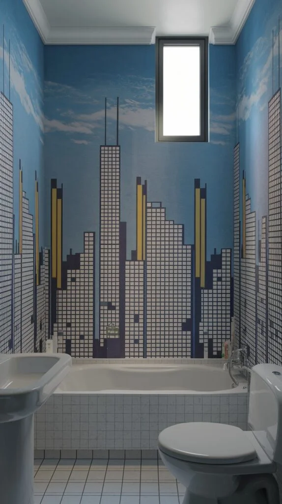 Modern bathroom with stylized blue cityscape wallpaper featuring tall buildings in white and yellow above a bathtub and toilet.