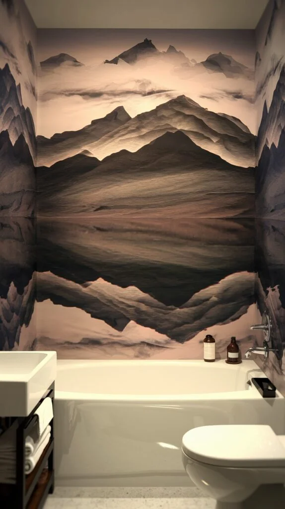 Tranquil bathroom with misty mountain reflection wallpaper showing layered mountains and water reflection above a bathtub.