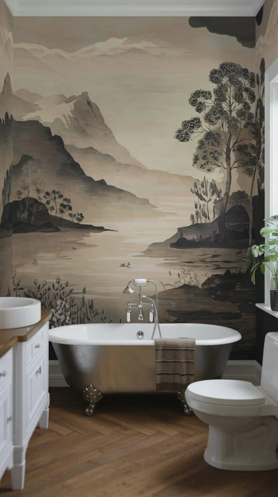 Classic bathroom with sepia-toned lakeside landscape wallpaper featuring mountains, trees, and a calm lake above a silver clawfoot tub.