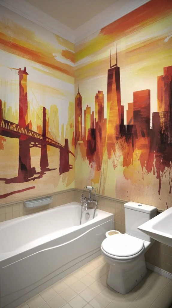 Bathroom with sunset city skyline wallpaper featuring silhouetted city against fiery orange and yellow sky above a bathtub and toilet.