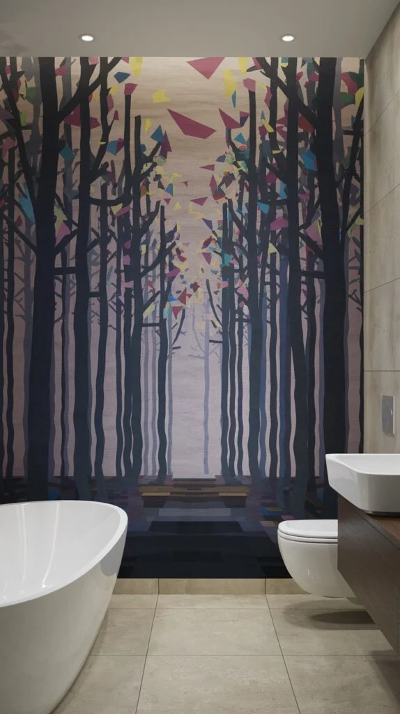 Contemporary bathroom with abstract forest wallpaper featuring dark trees and colorful geometric shapes suggesting foliage behind a bathtub and sink.