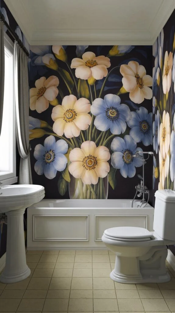 Bathroom with elegant floral bouquet wallpaper showing white and blue flowers in a vase against a dark background behind a bathtub and pedestal sink.