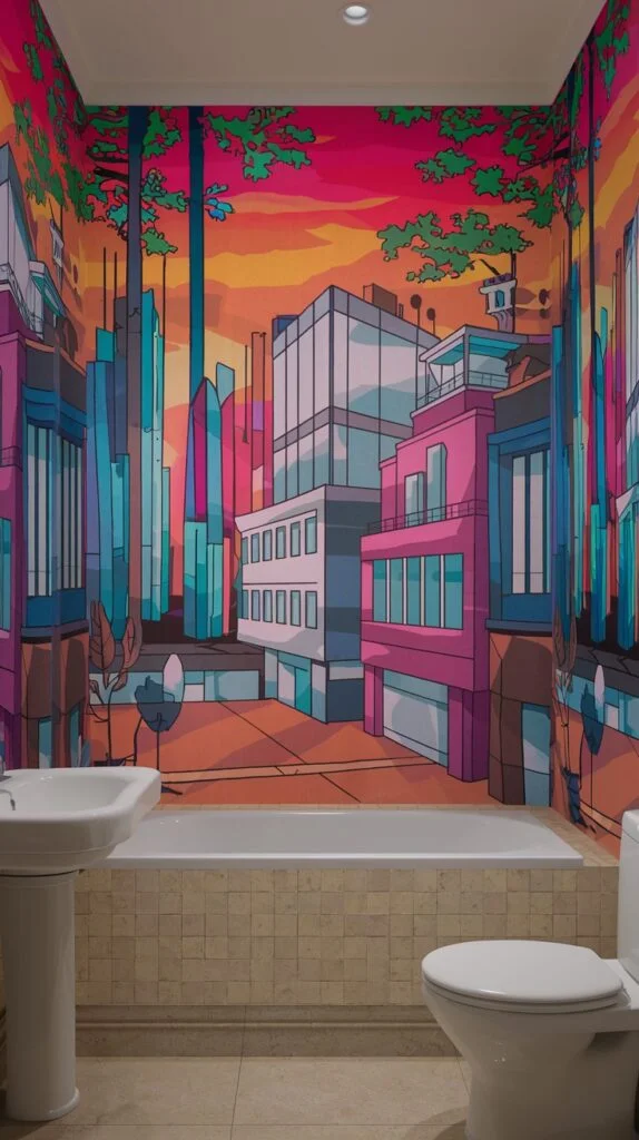 Vibrant bathroom with cartoonish cityscape wallpaper featuring colorful buildings and dramatic sunset sky above a bathtub and toilet.