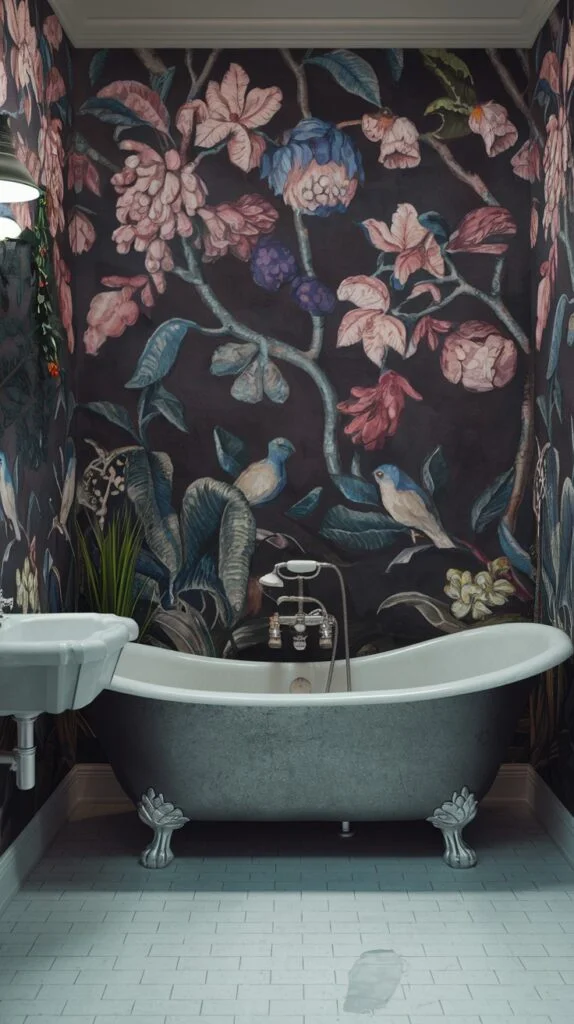 Bathroom with dark tropical floral and avian wallpaper featuring tropical blooms and small birds around a freestanding tub.