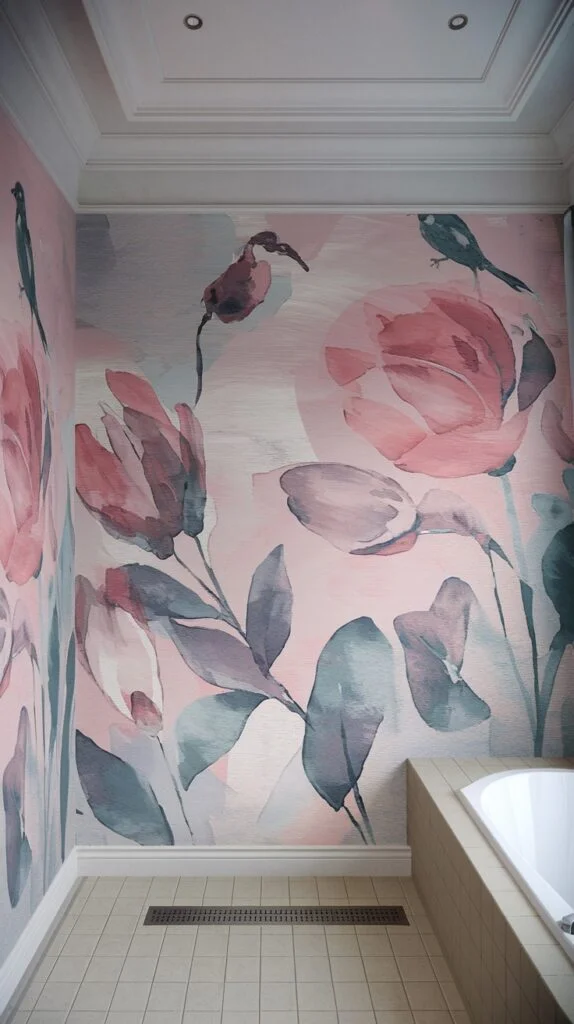 Delicate bathroom with soft blush watercolor botanical wallpaper featuring subtle bird motifs around a bathtub.