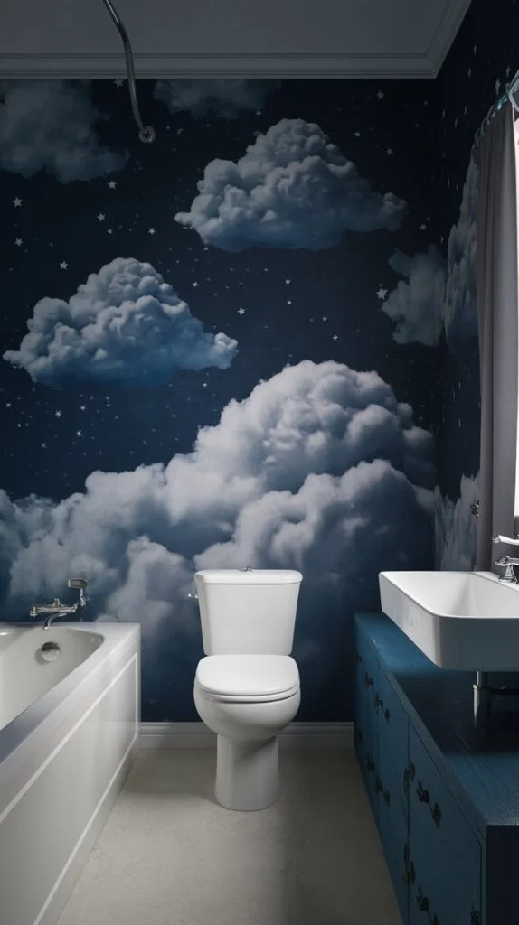 Bathroom with starry night wallpaper featuring dark blue backdrop with stars and large white and grey clouds above a bathtub.