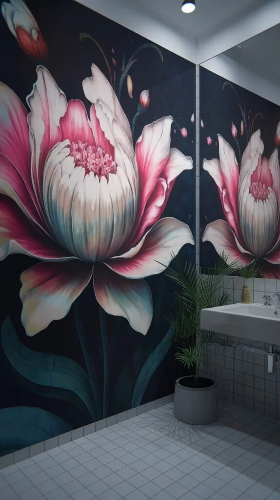 Bathroom with bold lotus bloom wallpaper featuring a large pink and white lotus flower reflected in a full-wall mirror.