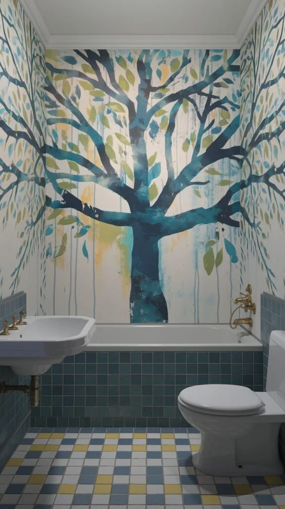 Bathroom with abstract blue and green forest tree wallpaper featuring a stylized large tree with blue and green leaves and branches.