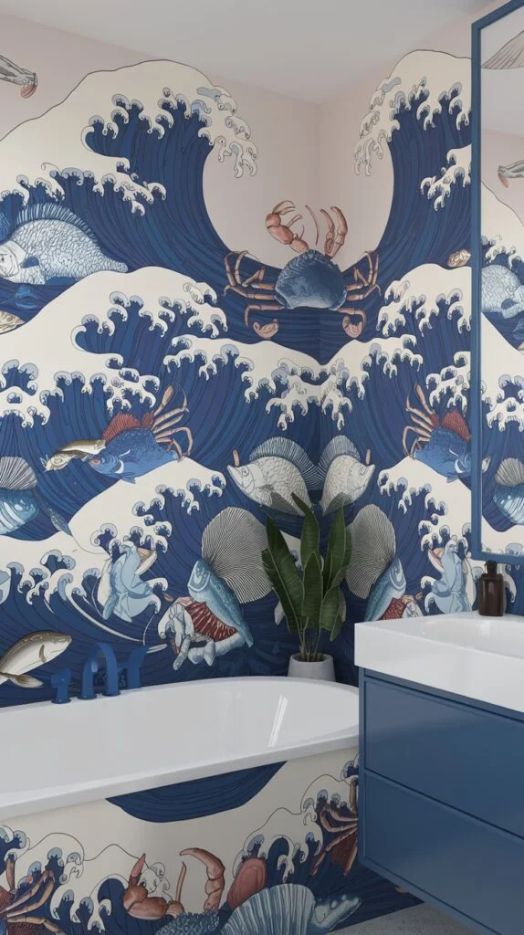 Bathroom with vibrant ocean waves wallpaper featuring marine creatures like crabs, fish, and shells.