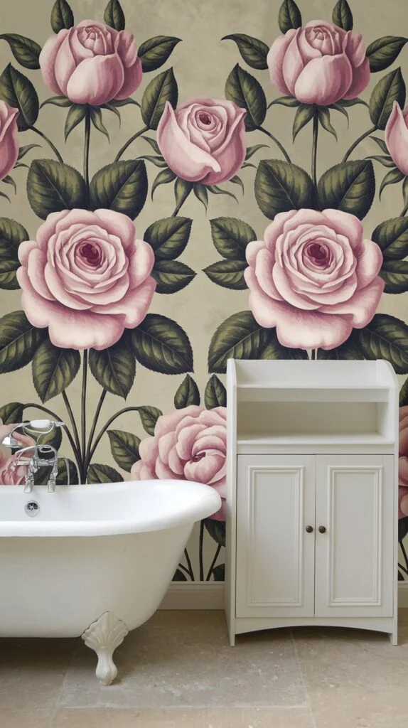 Bathroom with classic repeating pink rose pattern wallpaper featuring pink roses and green leaves on a neutral background.