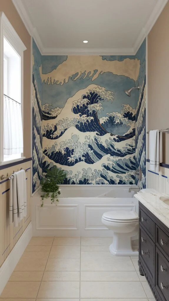 Shower nook with classic blue and white Japanese wave wallpaper creating an artistic bathing area.