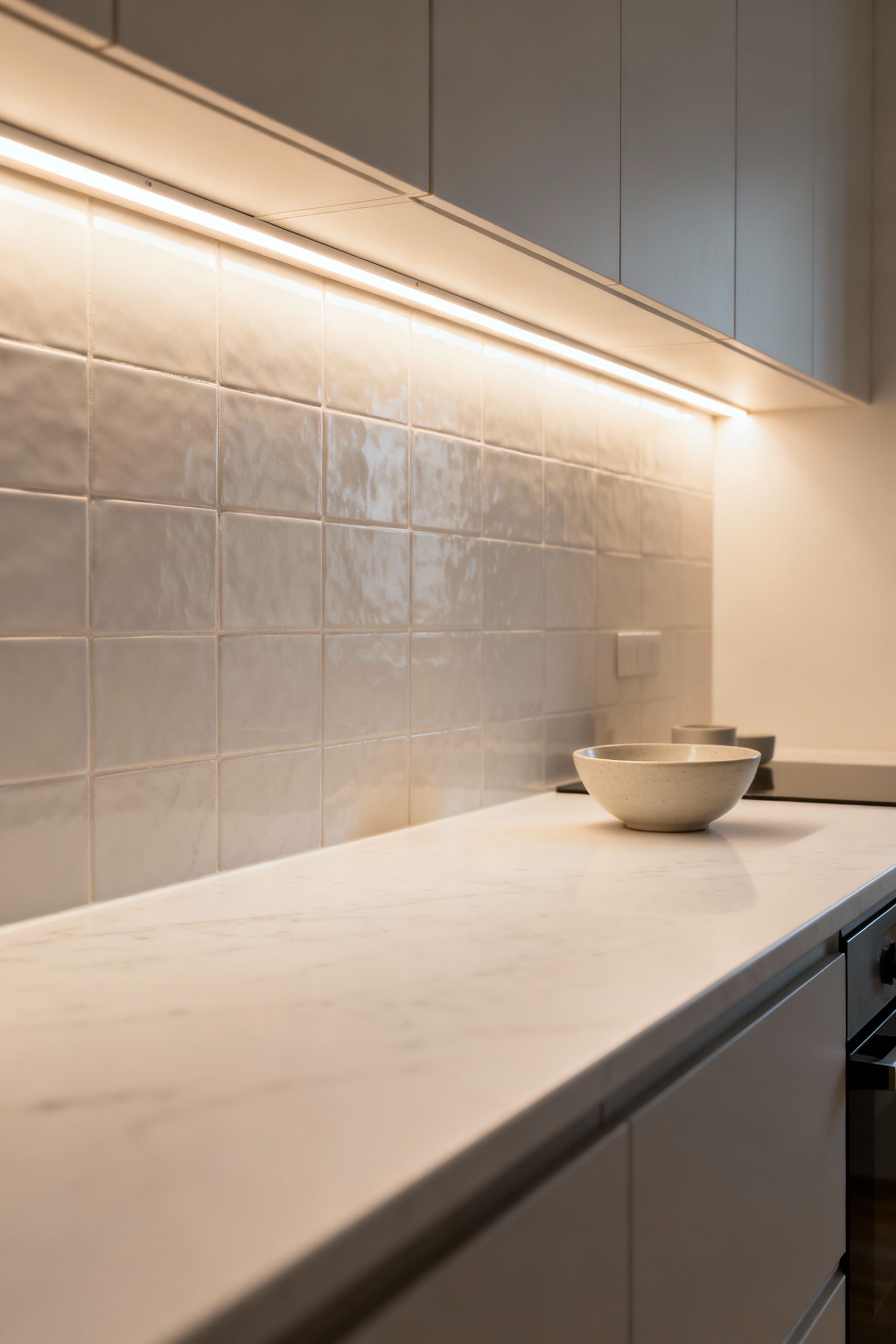 Kitchen countertop glowing warmly under LED strip lighting, accentuating the tiled backsplash and clean workspace.