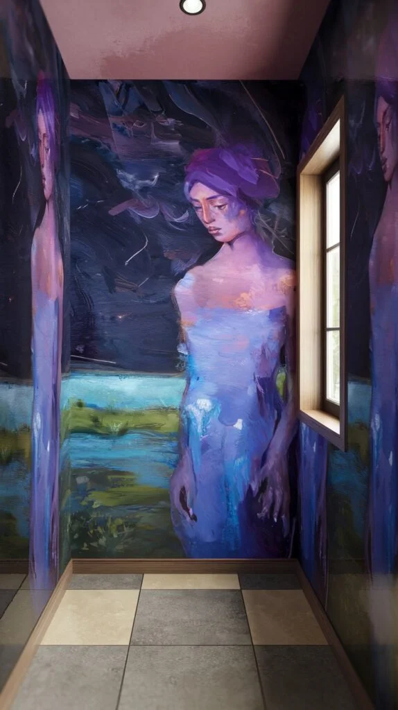 Bathroom with artistic wallpaper featuring a large impressionistic portrait of a woman in purples and blues against a dark abstract background.