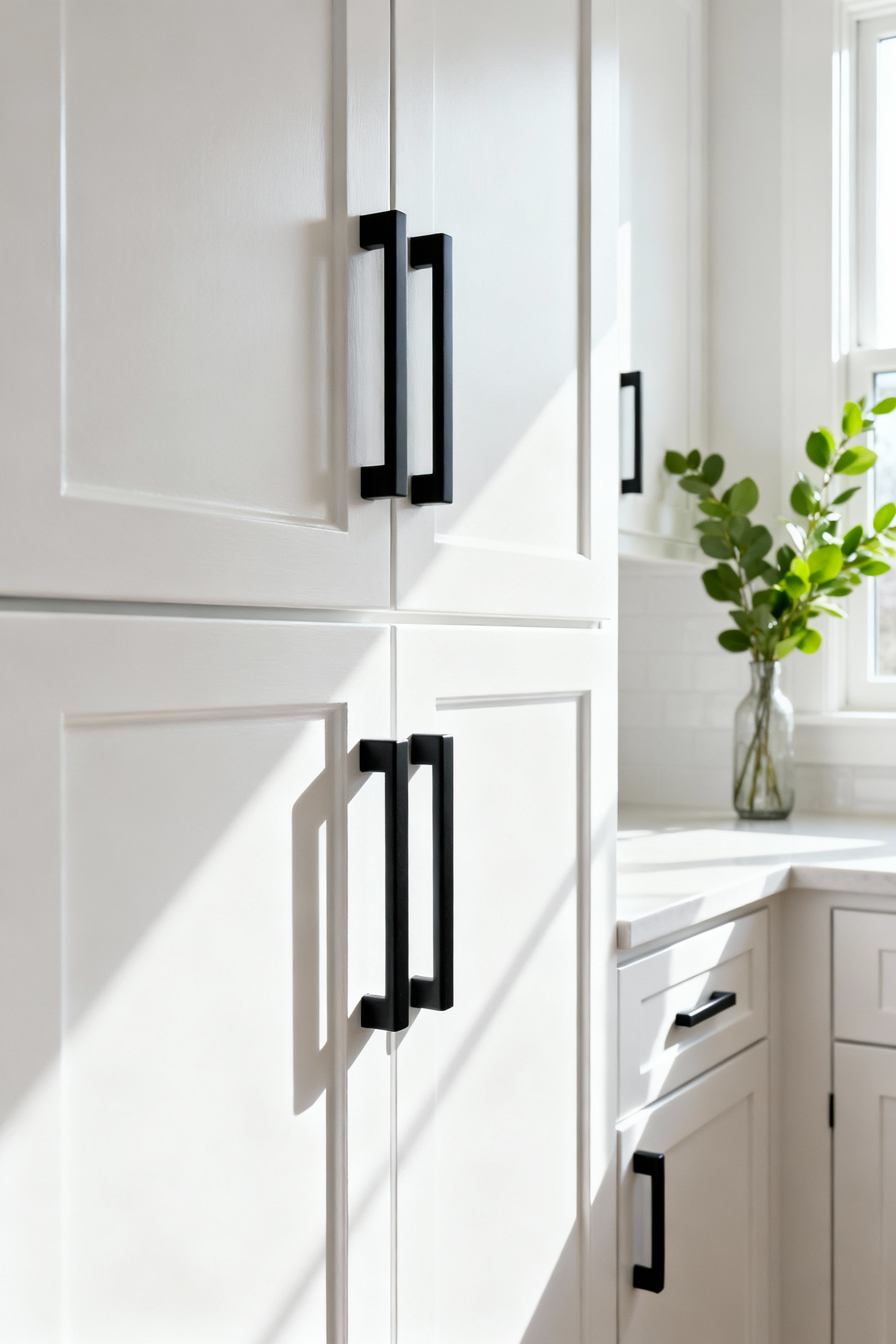 Freshly painted white kitchen cabinets with sleek matte black hardware, illuminated by natural light.