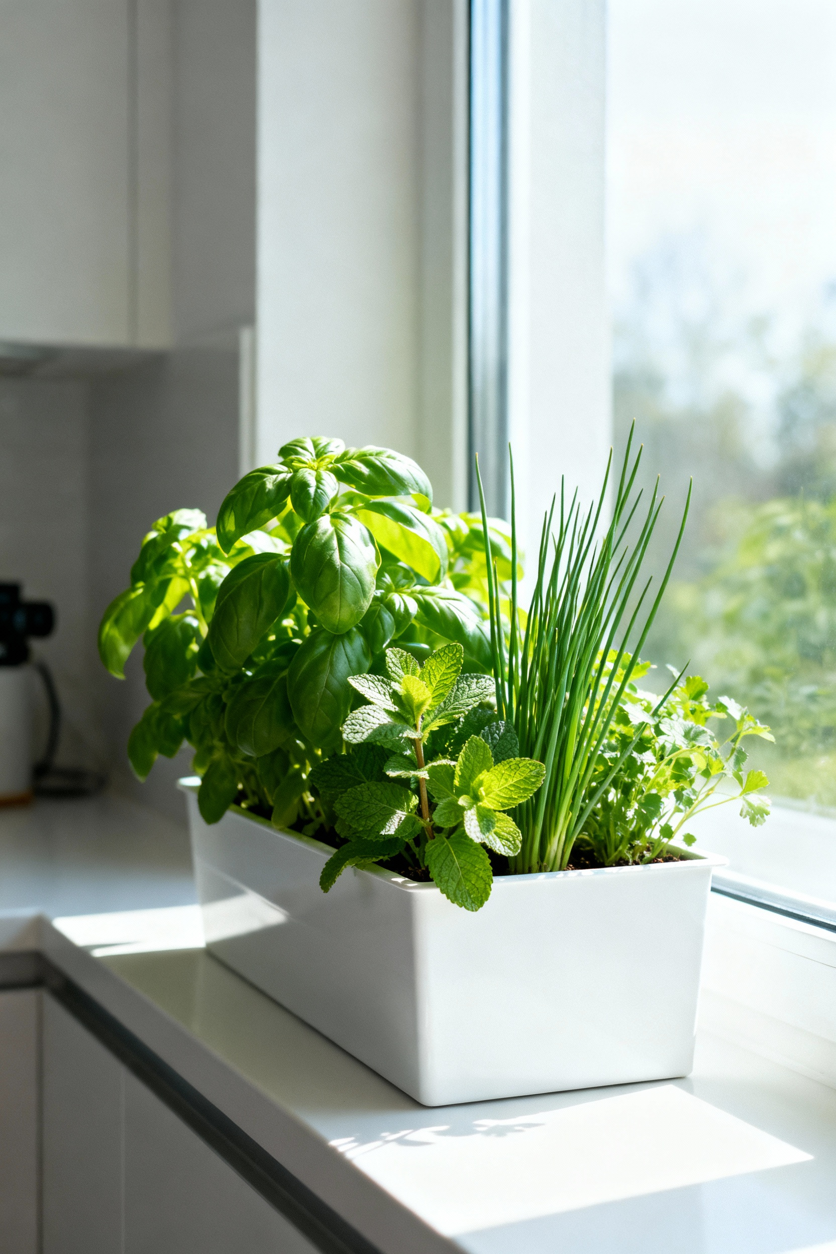 Sunlit kitchen windowsill featuring a thriving herb garden with basil, mint, and rosemary in a white planter.
