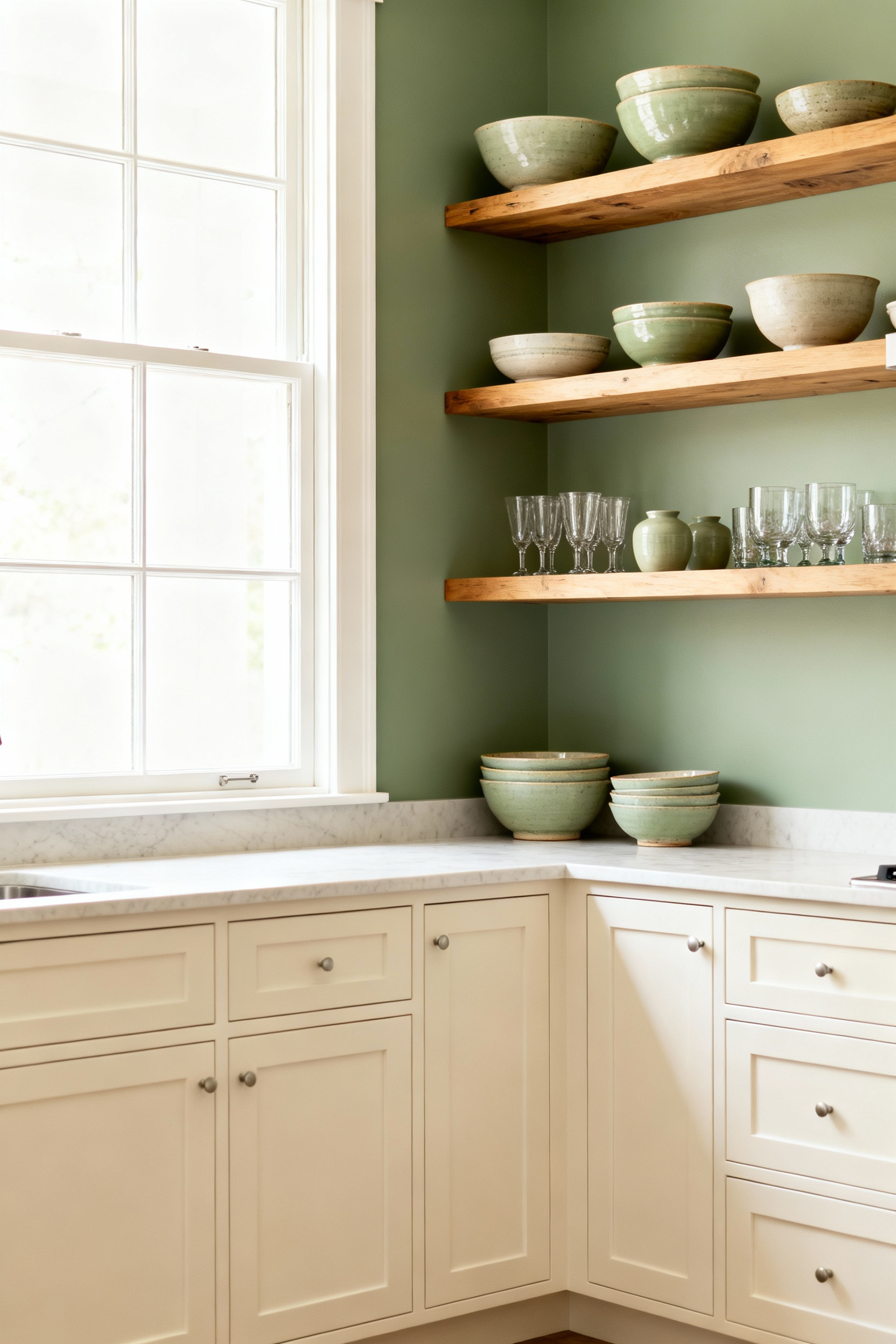 Modern kitchen featuring sage green walls, creamy cabinets, and coordinated earthy-toned decor on open shelves.