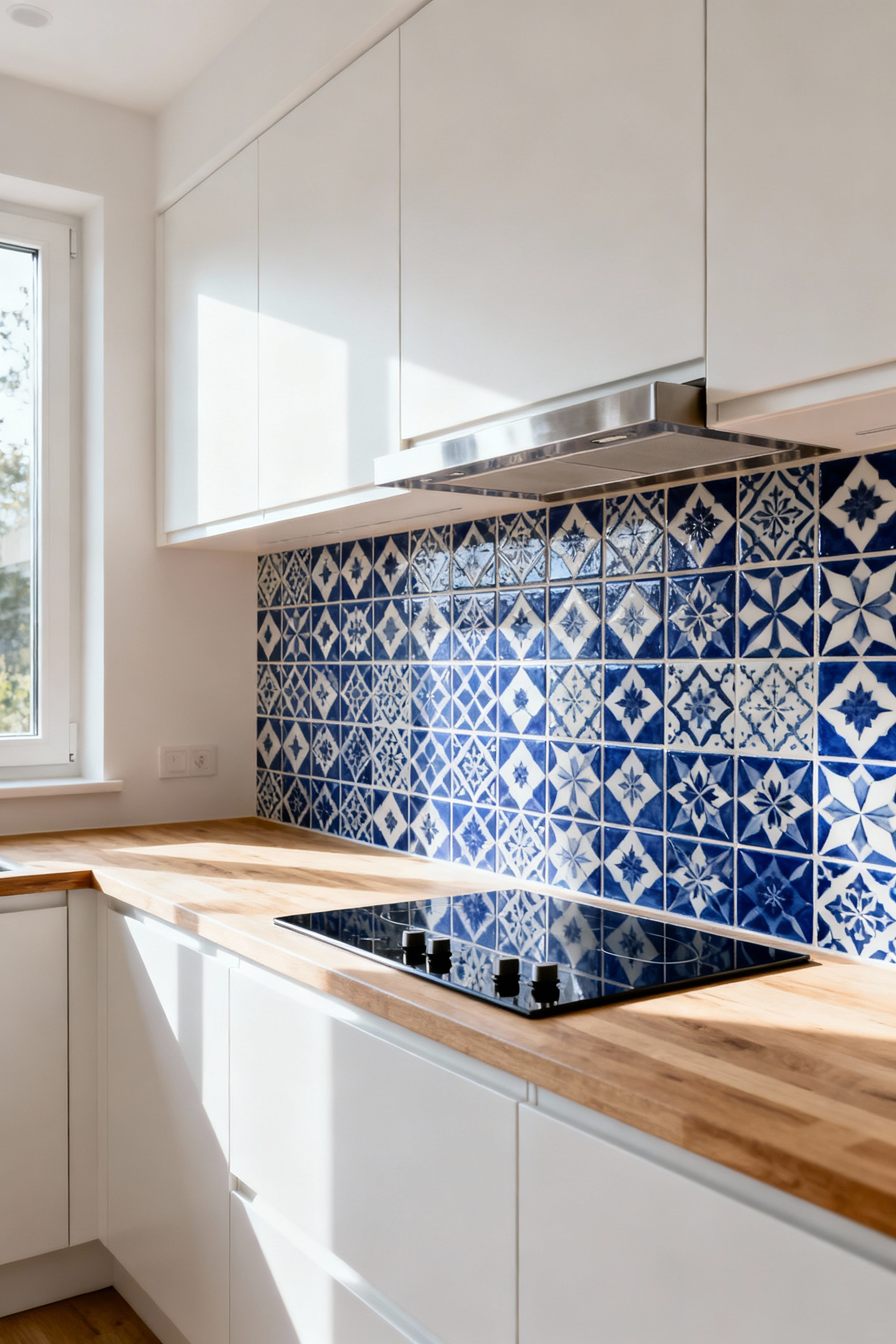 Kitchen with a bold blue and white geometric tile backsplash, sleek appliances, and natural light.