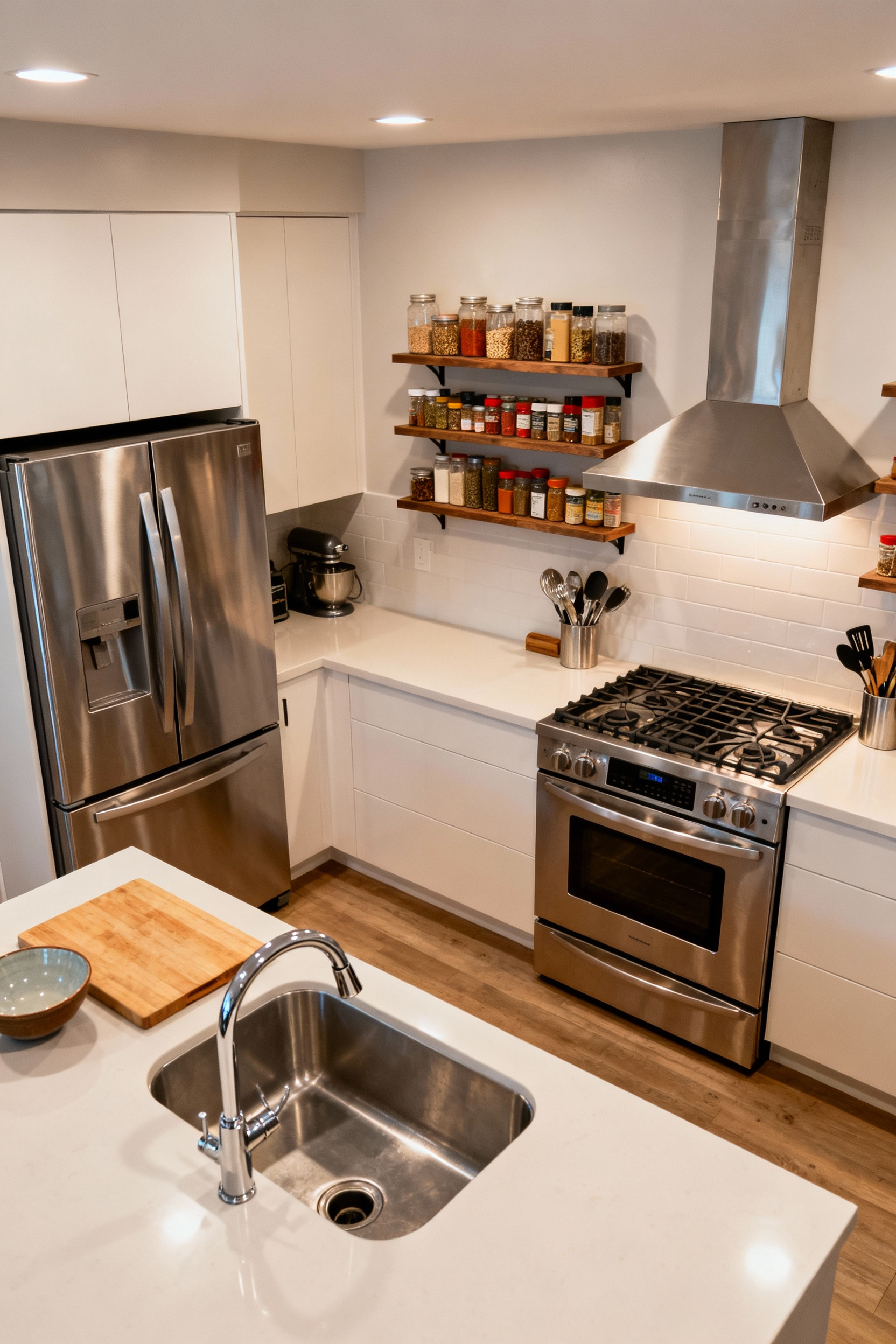 Modern kitchen with an efficient layout highlighting the work triangle between refrigerator, sink, and stove, featuring organized countertops and open shelving.