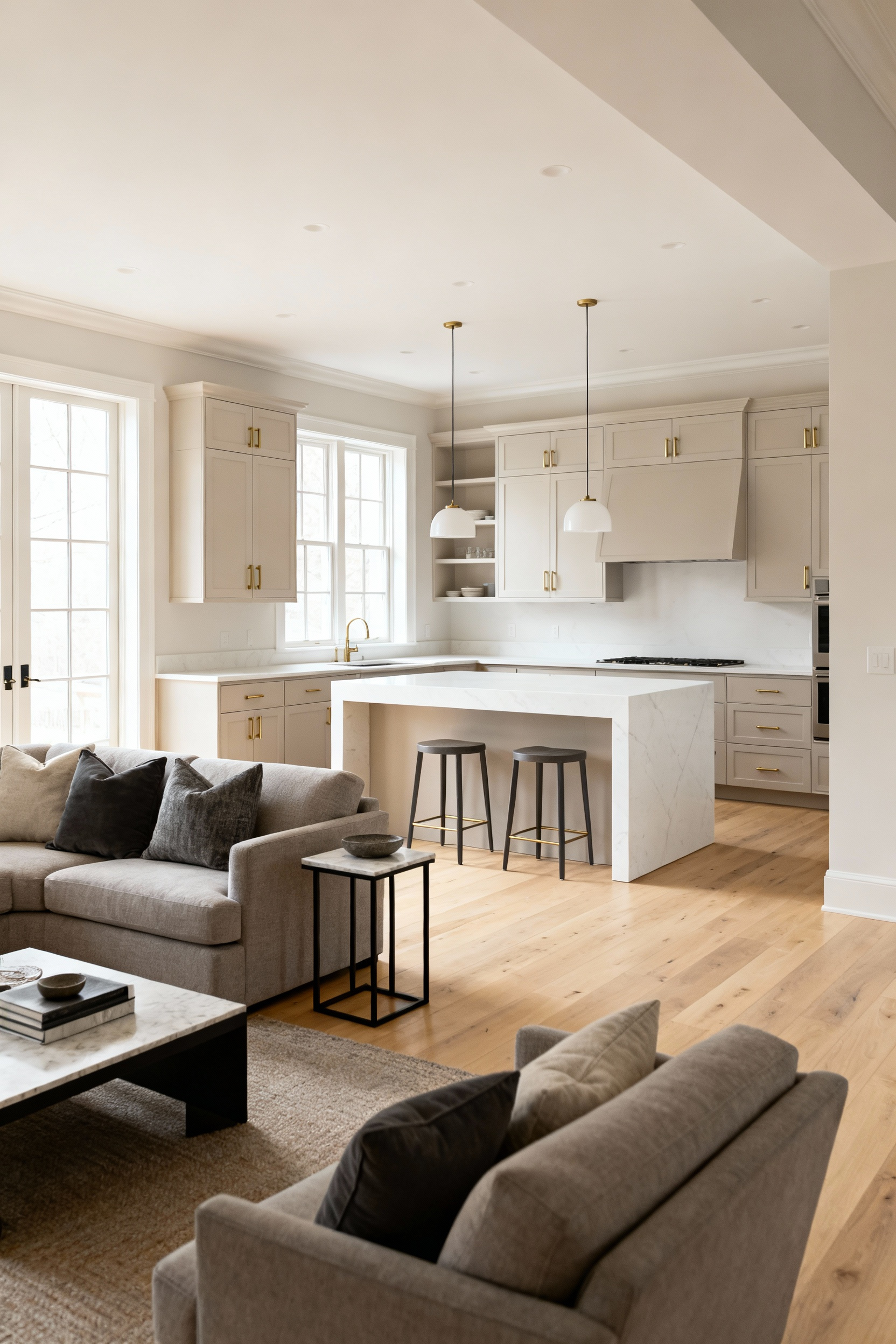 Open-concept kitchen and living room with cohesive color palette, matching wood tones, and unified lighting for smooth transition.
