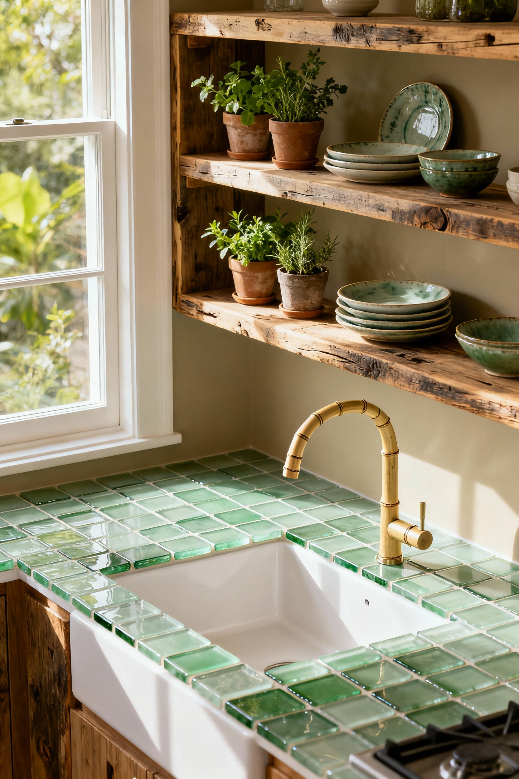 Eco-friendly kitchen with recycled glass countertops, reclaimed wood shelves, and potted herbs, showcasing sustainable design.