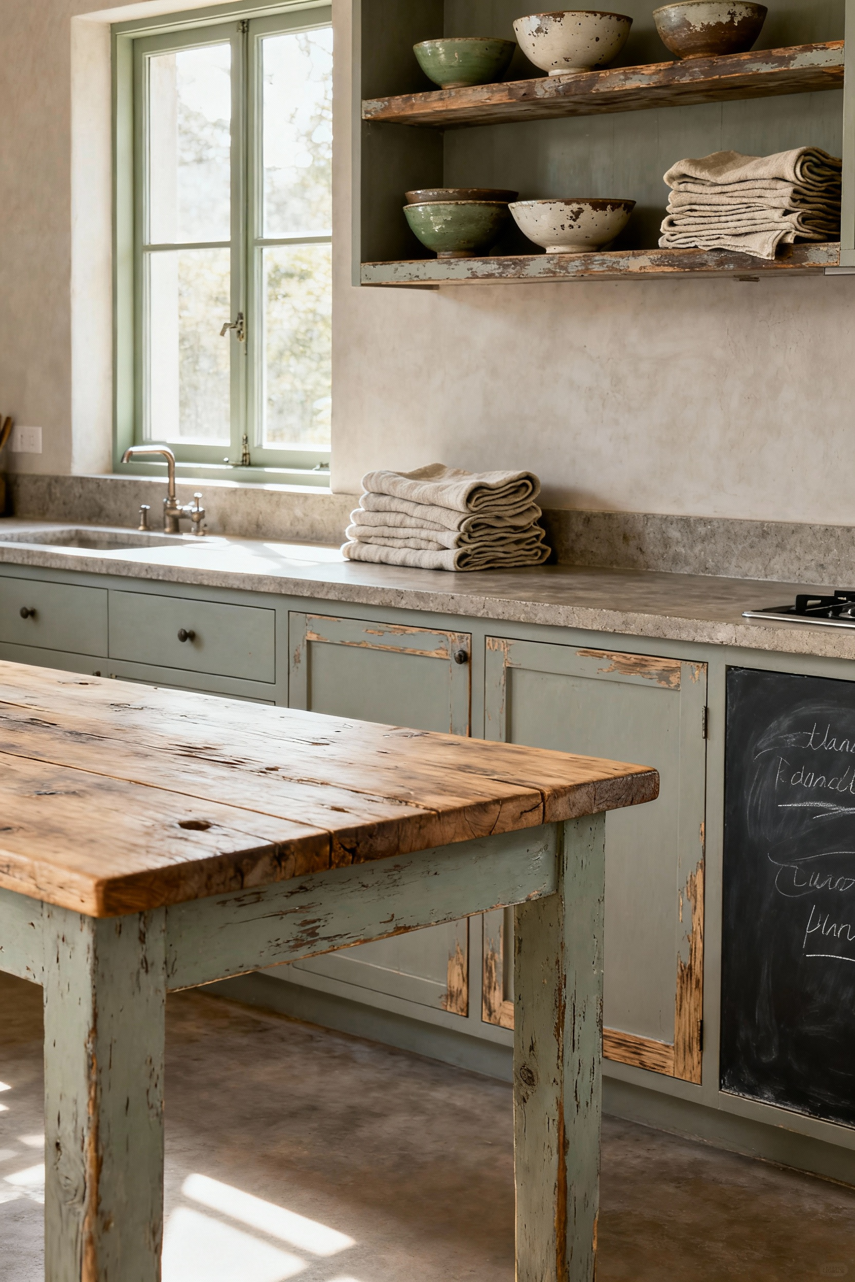 Wabi-Sabi kitchen featuring raw wood island, open shelves with handmade ceramics, and gently distressed cabinets bathed in natural light.