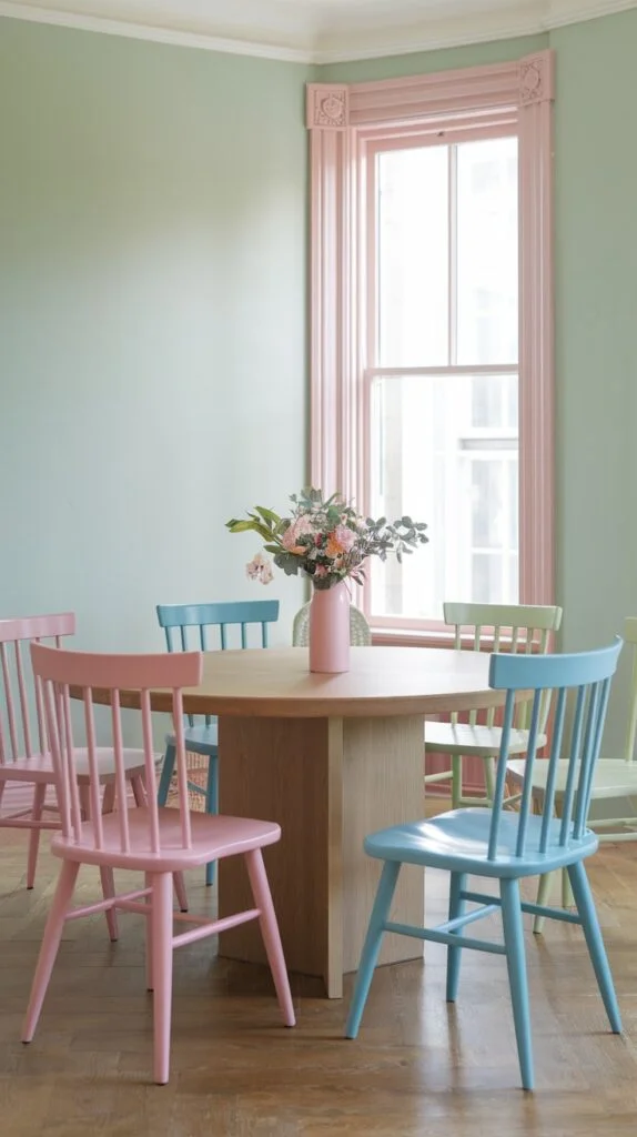 Dining room with mint green walls, pink window trim, and mismatched pastel chairs around a wooden table