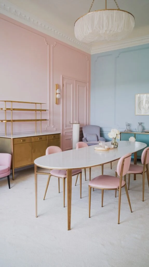 Elegant dining room with pink and blue walls, white oval table with gold legs, pastel pink velvet chairs, and gold accents