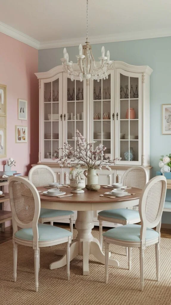 Dining room with pastel pink and blue walls, round wooden table, light blue cushioned chairs, and large white display cabinet