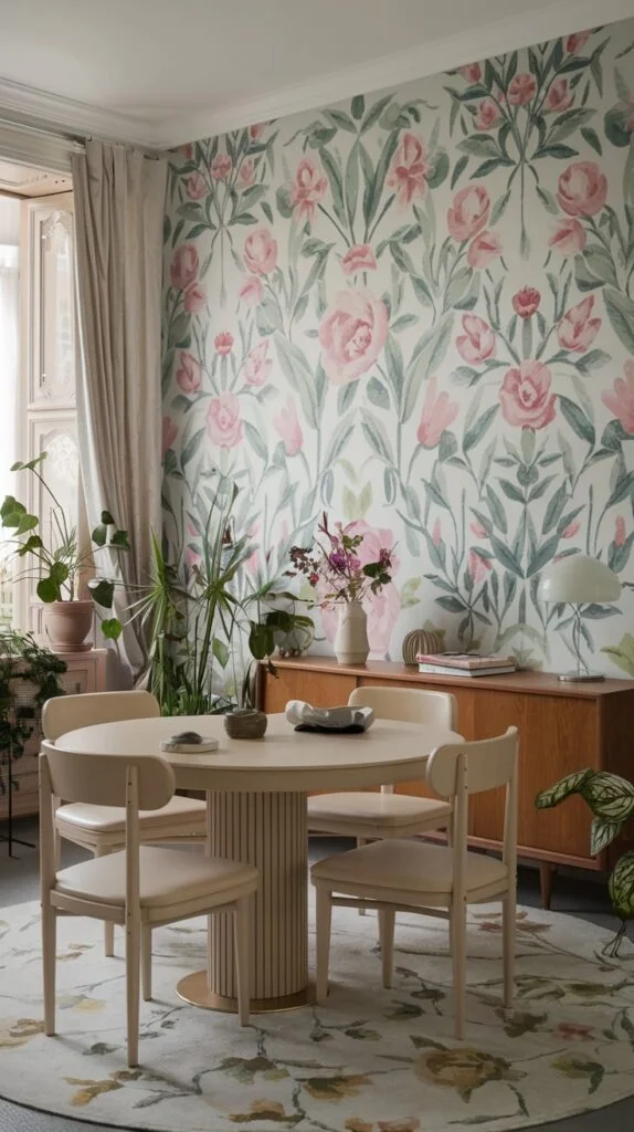 Dining room with floral wallpaper in pink and green, round light wood table, simple chairs, and lush green plants