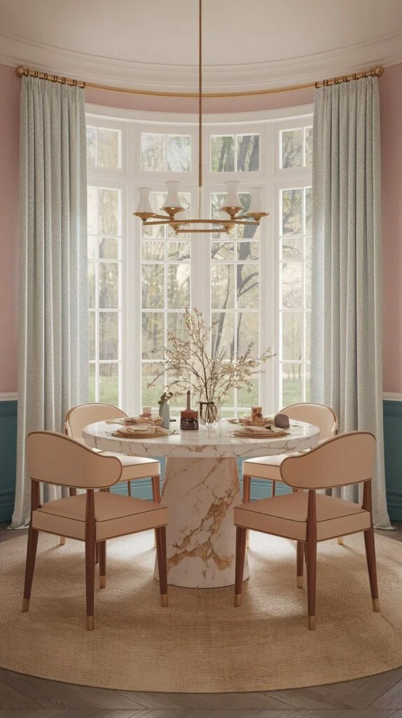 Dining room with pastel pink and teal two-tone walls, round marble table, beige upholstered chairs, and bay window