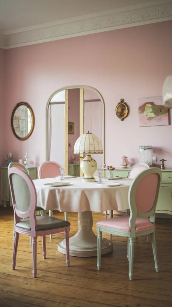 Dining room with pastel pink walls, round table with white tablecloth, and mixed pastel chairs in pink, green, and grey